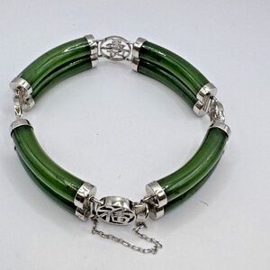 8" long 14mm wide Nephrite Jade and Sterling Silver Bracelet